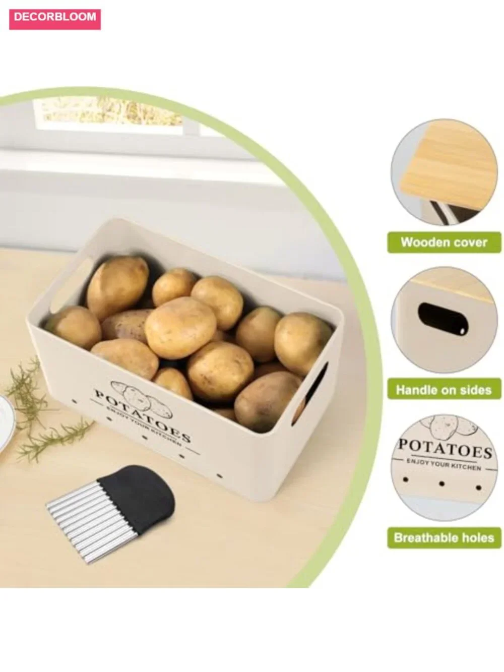 3-Piece Metal Vegetable Storage Set with Bamboo Lids, Aeration Holes, Kitchen